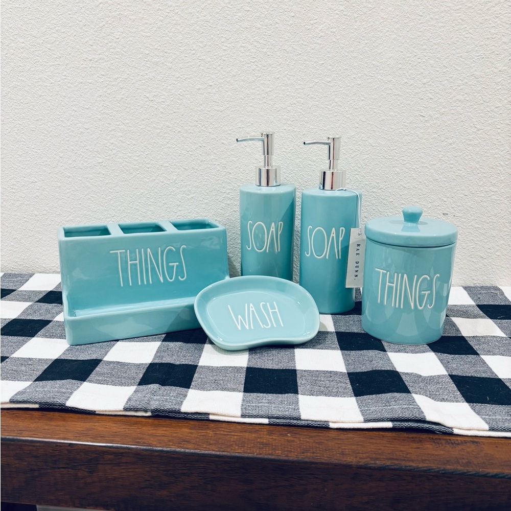 Rae Dunn turquoise Tiffany blue bathroom ceramic accessories set soap dispensers